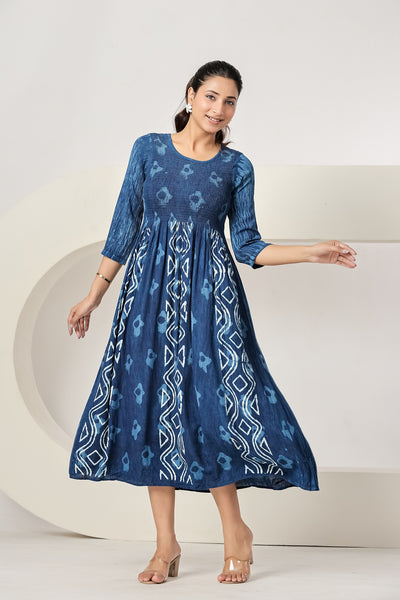 Women's Maxi Dress Casual Blue Printed A-Line Dress | 3/4 Sleeve Summer Beach Dress
