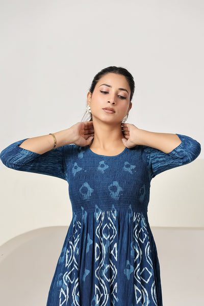 Women's Maxi Dress Casual Blue Printed A-Line Dress | 3/4 Sleeve Summer Beach Dress