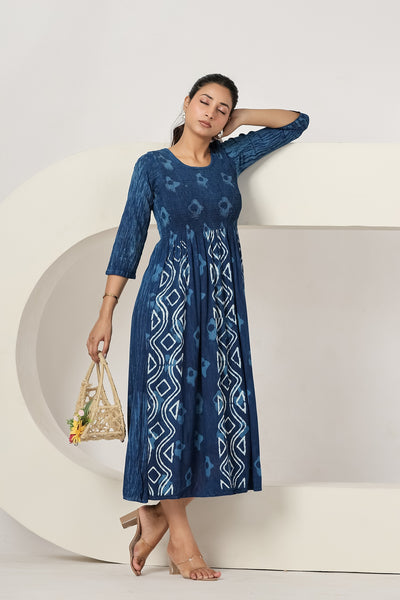 Women's Maxi Dress Casual Blue Printed A-Line Dress | 3/4 Sleeve Summer Beach Dress