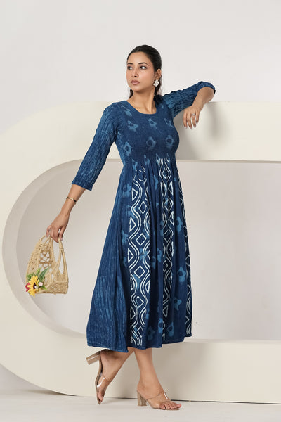 Women's Maxi Dress Casual Blue Printed A-Line Dress | 3/4 Sleeve Summer Beach Dress