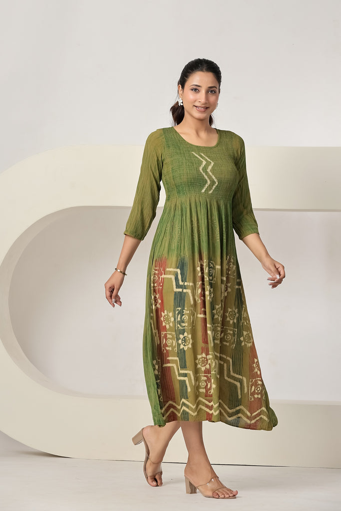 Women's Casual Maxi Dress | Olive Green Printed A-Line Dress