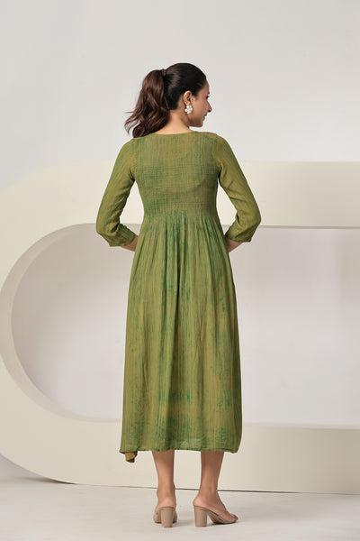 Women's Casual Maxi Dress | Olive Green Printed A-Line Dress | 3/4 Sleeve Summer Beach Dress