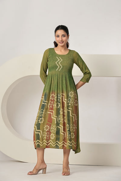 Women's Casual Maxi Dress | Olive Green Printed A-Line Dress | 3/4 Sleeve Summer Beach Dress