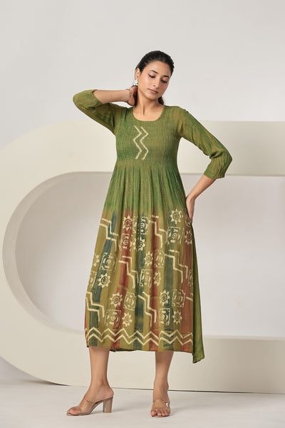 Women's Casual Maxi Dress | Olive Green Printed A-Line Dress | 3/4 Sleeve Summer Beach Dress