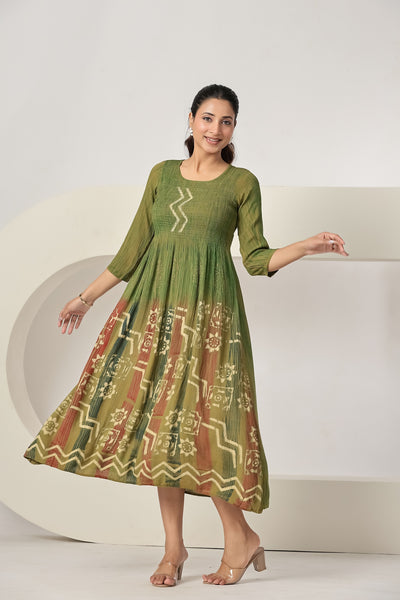 Women's Casual Maxi Dress | Olive Green Printed A-Line Dress | 3/4 Sleeve Summer Beach Dress