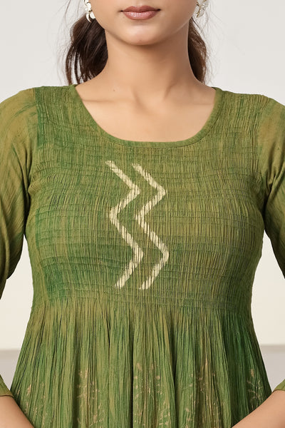 Women's Casual Maxi Dress | Olive Green Printed A-Line Dress | 3/4 Sleeve Summer Beach Dress