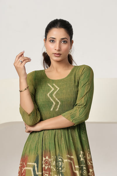Women's Casual Maxi Dress | Olive Green Printed A-Line Dress | 3/4 Sleeve Summer Beach Dress