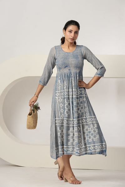Women's Light Grey Printed Maxi Dress Casual A-Line Midi Dress 3/4 Sleeves Flowy Summer Beach Dress