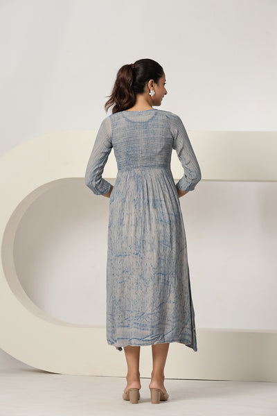Women's Light Grey Printed Maxi Dress Casual A-Line Midi Dress 3/4 Sleeves Flowy Summer Beach Dress