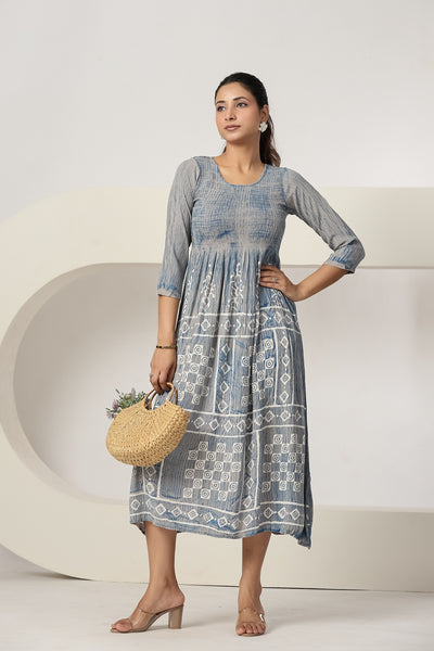 Women's Light Grey Printed Maxi Dress Casual A-Line Midi Dress 3/4 Sleeves Flowy Summer Beach Dress