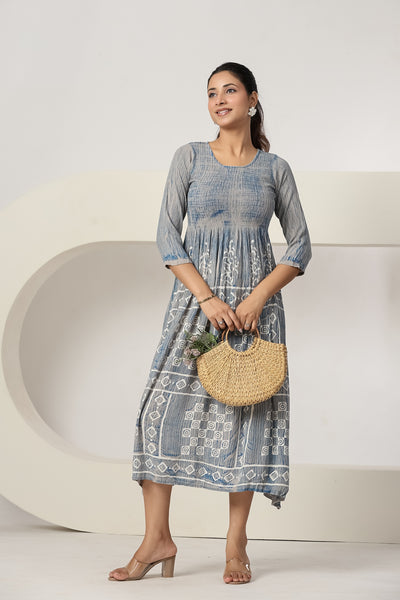 Women's Light Grey Printed Maxi Dress Casual A-Line Midi Dress 3/4 Sleeves Flowy Summer Beach Dress