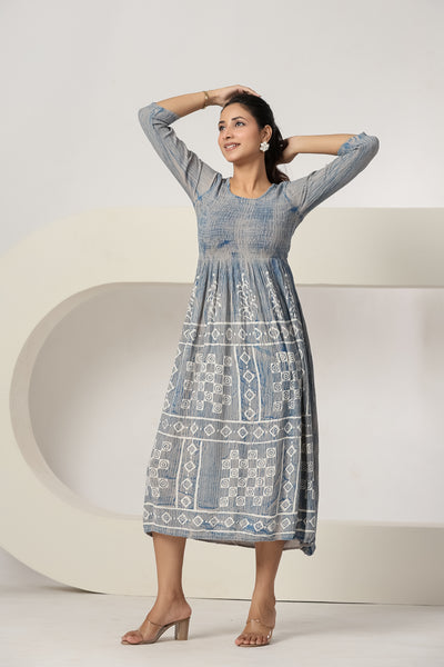 Women's Light Grey Printed Maxi Dress Casual A-Line Midi Dress 3/4 Sleeves Flowy Summer Beach Dress