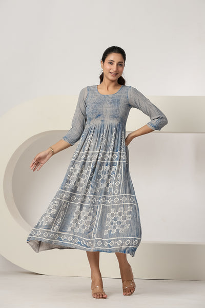 Women's Light Grey Printed Maxi Dress Casual A-Line Midi Dress 3/4 Sleeves Flowy Summer Beach Dress