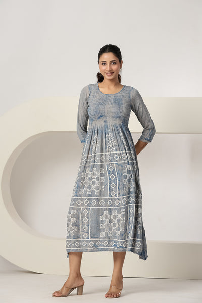 Women's Light Grey Printed Maxi Dress Casual A-Line Midi Dress 3/4 Sleeves Flowy Summer Beach Dress