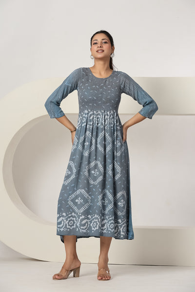 Women's Casual Gray Maxi Dress | Printed A-Line Summer Dress | 3/4 Sleeve Beach Dress