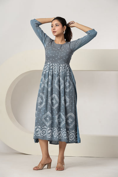 Women's Casual Gray Maxi Dress | Printed A-Line Summer Dress | 3/4 Sleeve Beach Dress