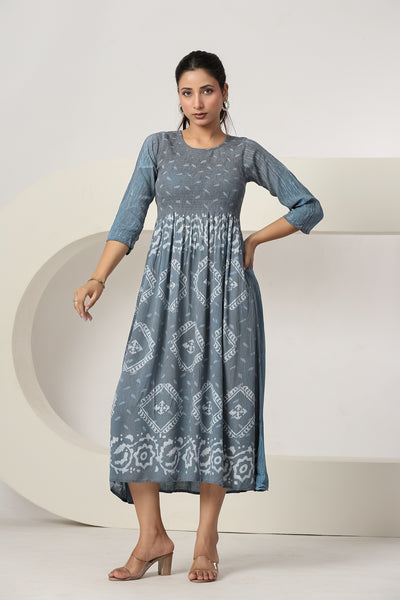 Women's Casual Gray Maxi Dress | Printed A-Line Summer Dress | 3/4 Sleeve Beach Dress