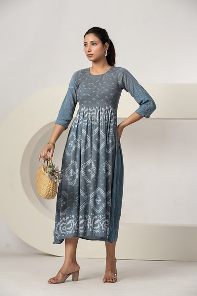 Women's Casual Gray Maxi Dress | Printed A-Line Summer Dress | 3/4 Sleeve Beach Dress