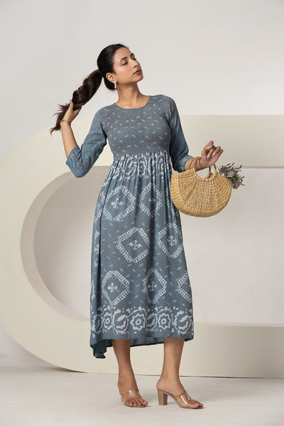 Women's Casual Gray Maxi Dress | Printed A-Line Summer Dress | 3/4 Sleeve Beach Dress