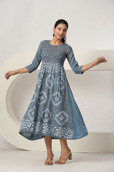 Women's Casual Gray Maxi Dress | Printed A-Line Summer Dress | 3/4 Sleeve Beach Dress