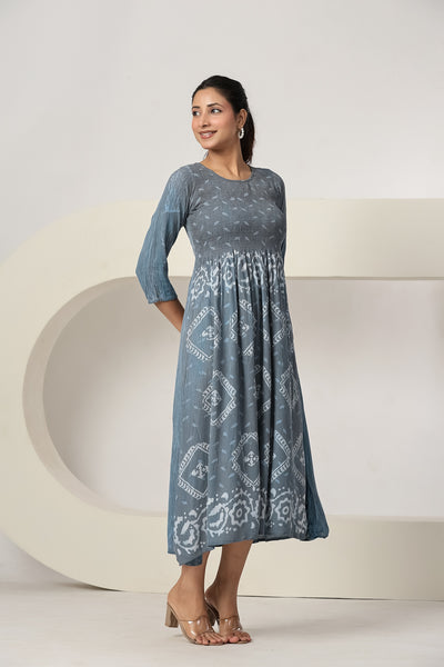 Women's Casual Gray Maxi Dress | Printed A-Line Summer Dress | 3/4 Sleeve Beach Dress