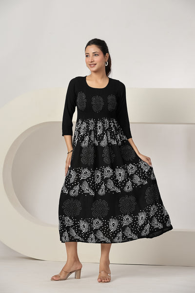 Women's Black Casual Maxi Dress | Printed A-Line Summer Dress | 3/4 Sleeve Beach Dress