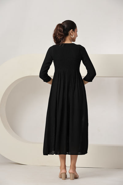 Women's Black Casual Maxi Dress | Printed A-Line Summer Dress | 3/4 Sleeve Beach Dress