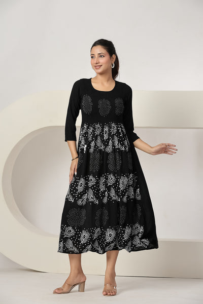 Women's Black Casual Maxi Dress | Printed A-Line Summer Dress | 3/4 Sleeve Beach Dress