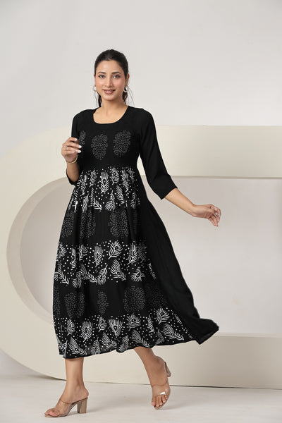 Women's Black Casual Maxi Dress | Printed A-Line Summer Dress | 3/4 Sleeve Beach Dress