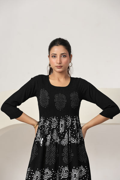 Women's Black Casual Maxi Dress | Printed A-Line Summer Dress | 3/4 Sleeve Beach Dress