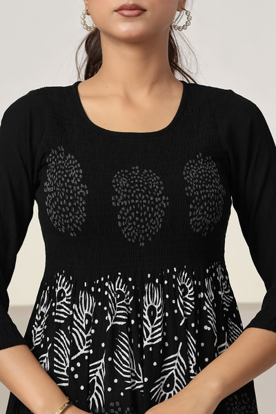 Women's Black Casual Maxi Dress | Printed A-Line Summer Dress | 3/4 Sleeve Beach Dress