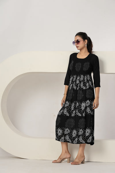 Women's Black Casual Maxi Dress | Printed A-Line Summer Dress | 3/4 Sleeve Beach Dress