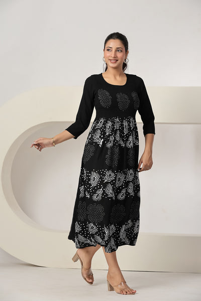 Women's Black Casual Maxi Dress | Printed A-Line Summer Dress | 3/4 Sleeve Beach Dress