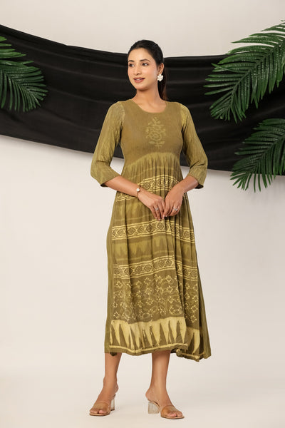 Women’s Olive Green Printed Flared Kurti - Round Neck 3/4th Sleeves Anarkali Tunic Maxi Dress