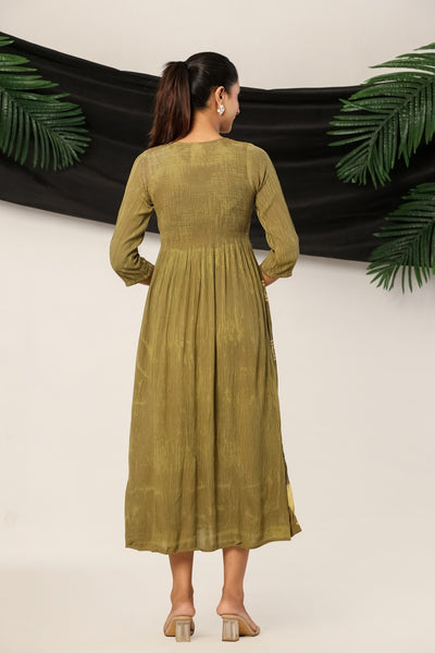 Women’s Olive Green Printed Flared Kurti - Round Neck 3/4th Sleeves Anarkali Tunic Maxi Dress