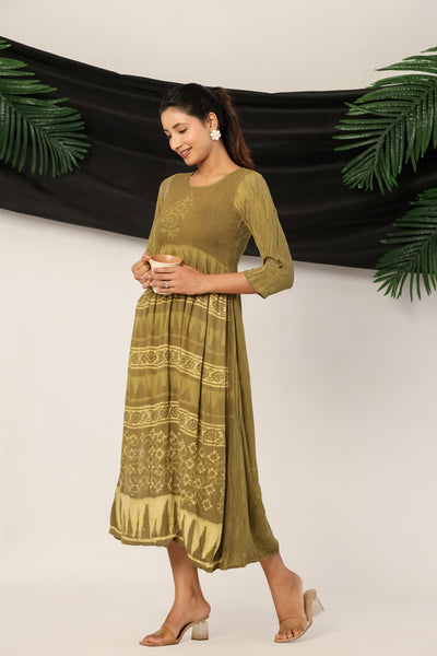 Women's Olive Green Printed Kurti | Ethnic A-Line Kurta Tunic Top | Festive & Summer Midi Maxi Dress