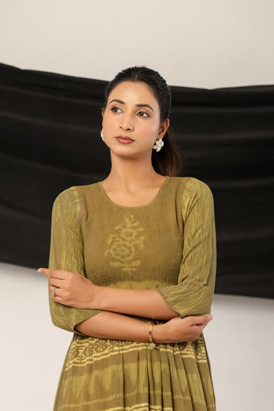 Women’s Olive Green Printed Flared Kurti - Round Neck 3/4th Sleeves Anarkali Tunic Maxi Dress