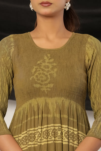 Women's Olive Green Printed Kurti | Ethnic A-Line Kurta Tunic Top | Festive & Summer Midi Maxi Dress