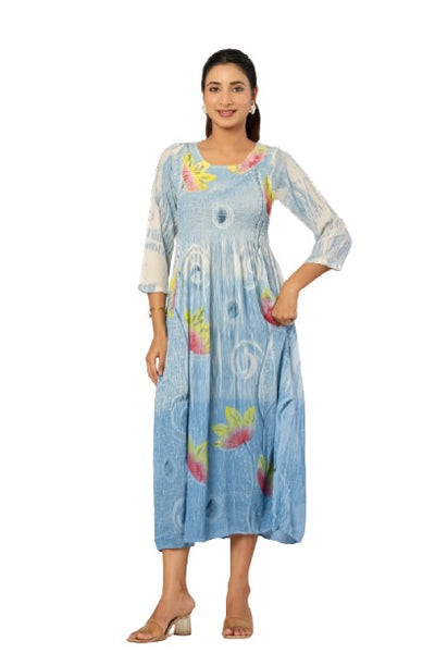 Light Blue Floral Smocked Ankle-Length Kurti Dress for Women | Vihaan Impex Store