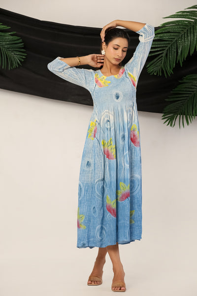 Women's Sky Blue Printed Corset-Style Long Tunic Kurta & Maxi Dress