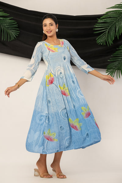 Light Blue Floral Smocked Ankle-Length Kurti Dress for Women | Vihaan Impex Store