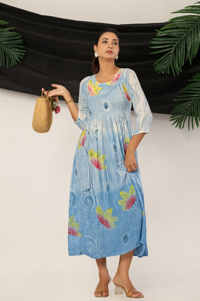 Light Blue Floral Smocked Ankle-Length Kurti Dress for Women | Vihaan Impex Store