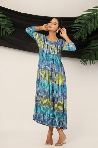 Women's Blue Printed Long Kurti Tunic | Summer Wedding Guest Maxi Dress