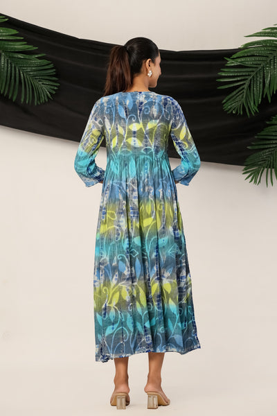 Women's Blue Printed Long Kurti Tunic | Summer Wedding Guest Maxi Dress