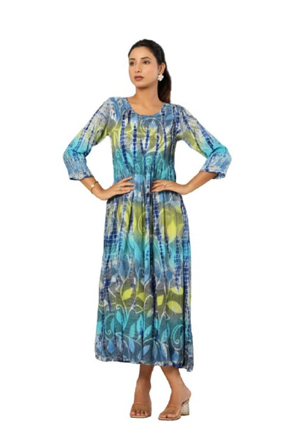 Blue Tie-Dye Printed Maxi Kurti for Women | Floral Indian Tunic Dress