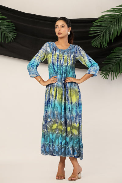 Blue Tie-Dye Printed Maxi Kurti for Women | Floral Indian Tunic Dress