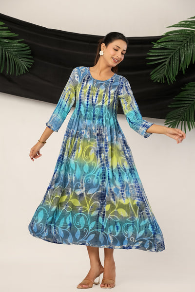 Royal Blue Tie-Dye Anarkali Kurta Tunic Dress for Women