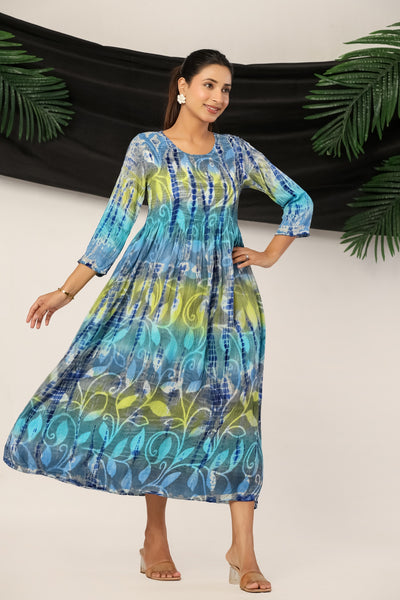 Royal Blue Tie-Dye Anarkali Kurta Tunic Dress for Women