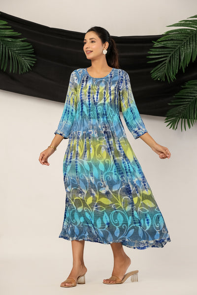 Blue Tie-Dye Printed Maxi Kurti for Women | Floral Indian Tunic Dress