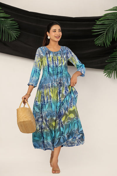 Blue Printed Flare Kurti Tunic Maxi Dress